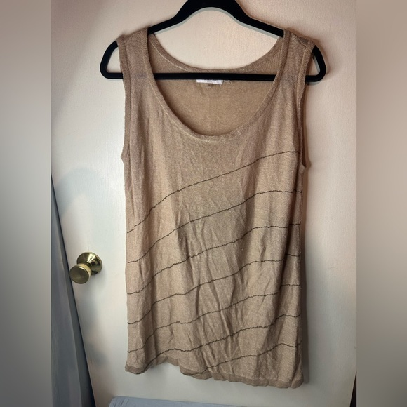 Calvin Klein 55% Linen‎ sleeveless top Tan with brown stripes size 0X - Picture 2 of 9